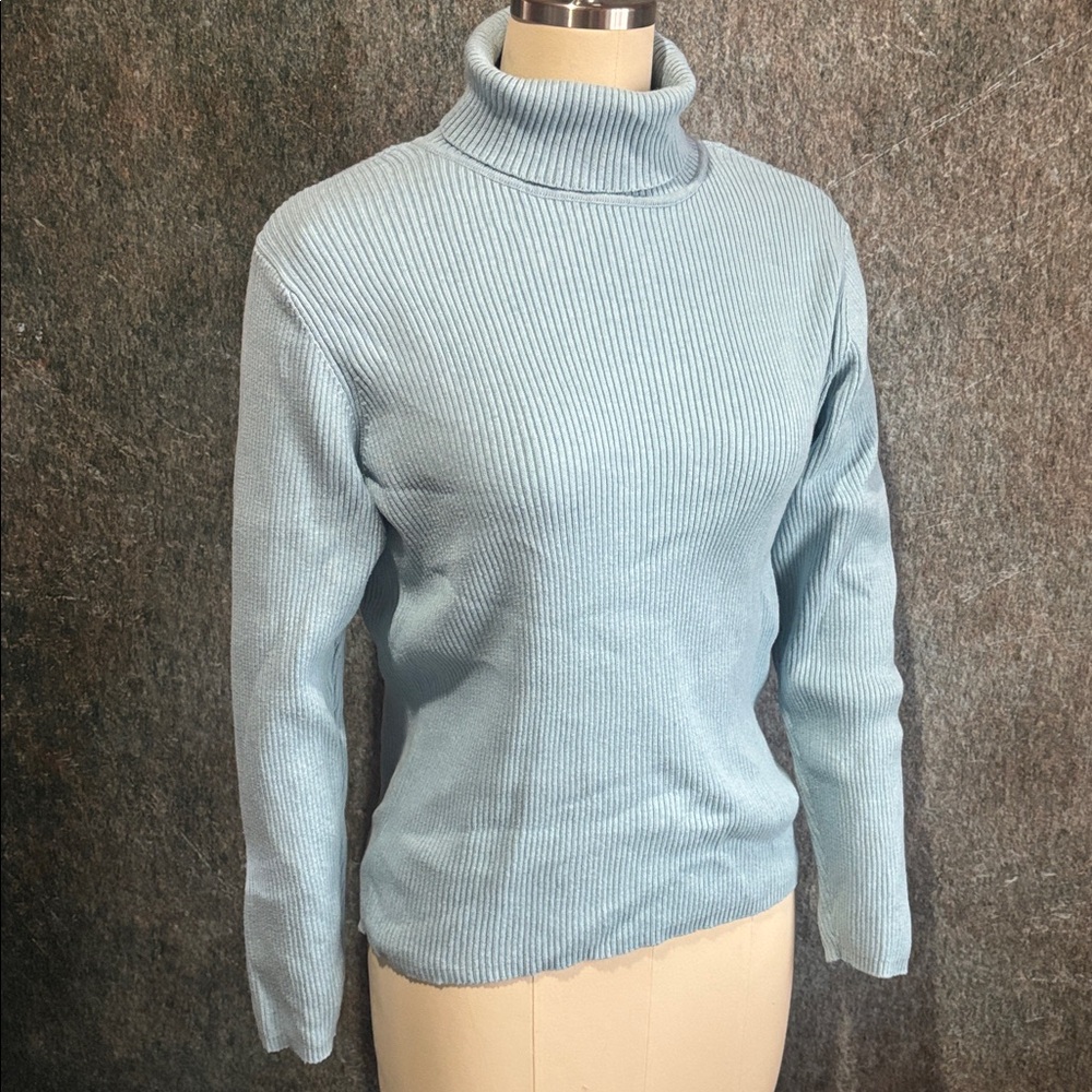 Liz Claiborne 100% Cotton Light Blue Ribbed Turtleneck Sweater